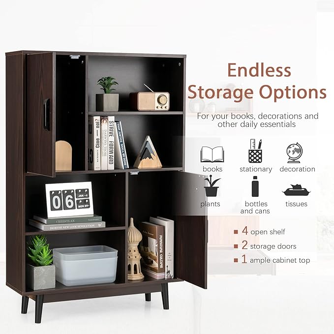 Giantex Storage Cabinet with Legs, Floor Cabinet with Doors, Shelves, Anti-Tipping Device, 4-Tier Bookshelf for Books & Photos, Tall Cupboard in Living Room, Kitchen Buffet Sideboard (Brown)