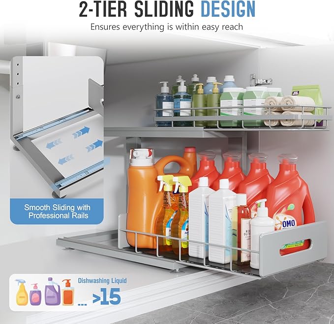 2 Pack 18 IN Depth Under Sink Organizer with Smooth Ball Bearing Slides,2-Tier Pull Out Cabinet Storage,Slide Out Drawers for Bathroom&Kitchen,Rust-resistant Coating,Height Adjustable-Gun Gray-NeatNest