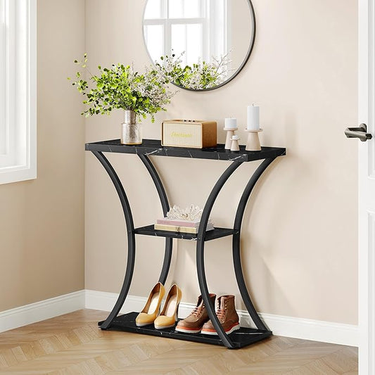 Hoctieon 3 Tier Console Table with Open Wood Shelves, Decorative Entryway Table with Curved Metal Frames, Narrow Sofa Table for Entrance, Living Room, Hallway, Black Marbled-NeatNest