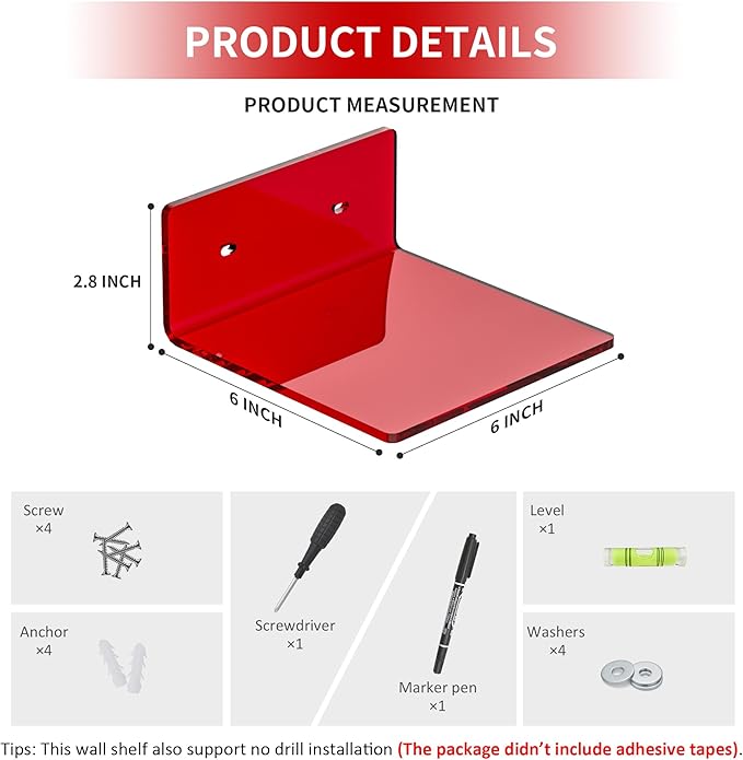 6 Inches Acrylic Small Wall Shelves, Red Floating Shelf for Wall Mounting, Acrylic Display Ledges for Funko Pop Figures, Home Décor, Living Room, Gaming Room, Plants, 2 Pack-NeatNest