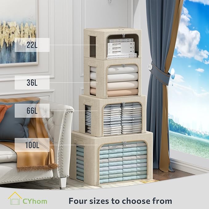 3Pack Foldable Storage Bins - Frame Storage Box Linen Fabric Stackable Clothes Container Organizer with Clear Window & Carry Handles Large Capacity (Small-22L, Beige)-NeatNest
