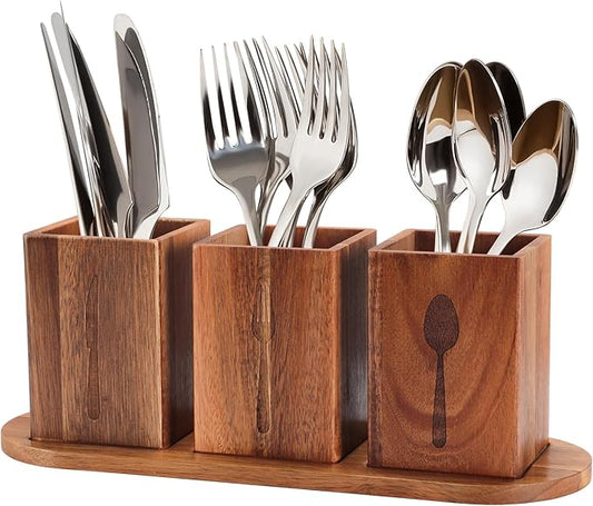 3Pcs Silverware Caddy for Patry, Utensil Holder for Countertop, Silverware Holder Flatware Organizers with tray, Portable Organizer with Wood Tray, Spoon and Fork Holder (Acacia mangium)-NeatNest