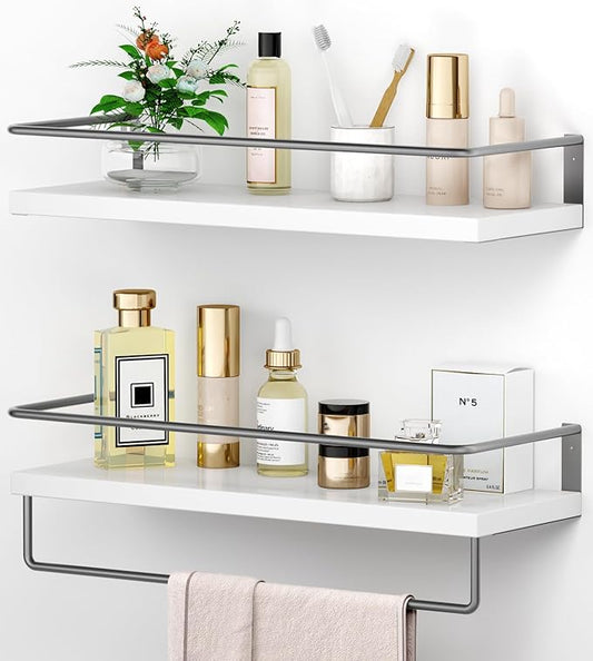 Onlysky White Floating Shelves with Dark Grey Towel Rack - Set of 2 Wall Mounted Hanging Bathroom Shelves, Decorative Shelves for Stylish Storage in Bathroom, Kitchen, Living Room & Bedroom