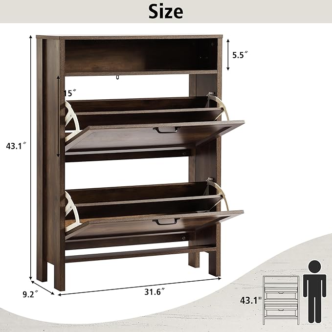 Shoe Storage Cabinet with 2 Flip Drawers, Wooden Shoe Rack with Metal Handle, Freestanding Hidden Shoe Storage Organizer with Open Shelf, Narrow Shoe Rack for Entryway, Hallway (Brown)