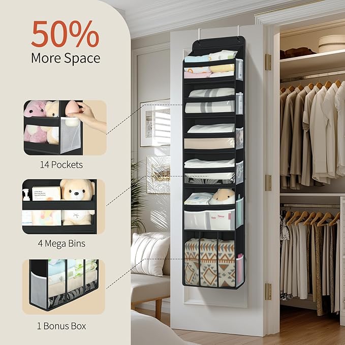 Yecaye 6-Tier Over the Door Organizer with Detachable Bin, Large Capacity Door Organizer Hanging for Bedroom Closet Nursery Pantry, Over the Door Storage for Baby Diaper Caddy Newborn Essentials Black