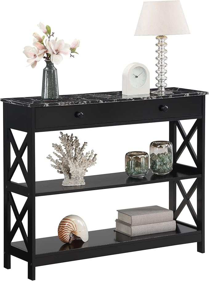 Convenience Concepts Oxford 1 Drawer Console Table with Shelves, Black Faux Marble/Black-NeatNest