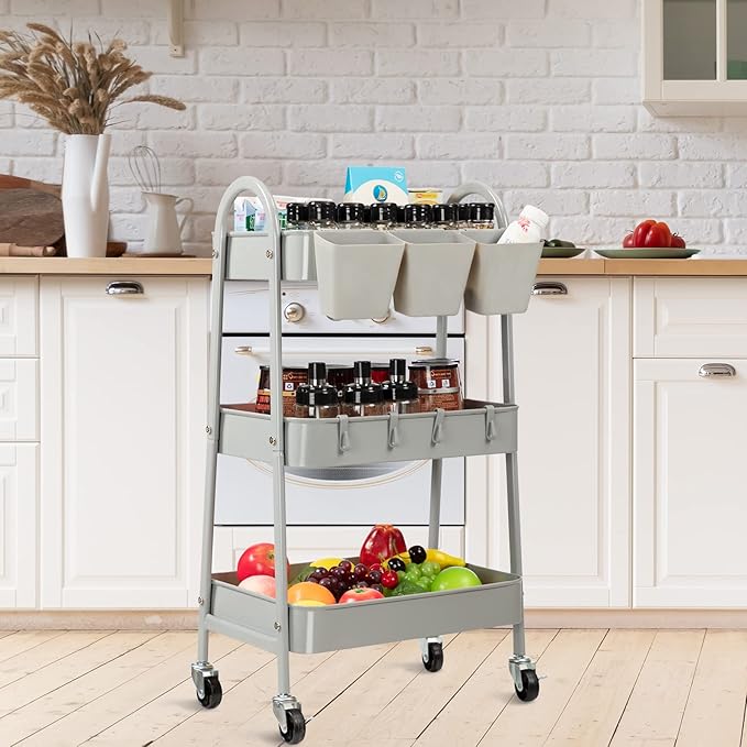 danpinera 3-Tier Rolling Cart, Metal Rolling Storage Cart with Lockable Wheels & Hanging Cups & Hooks, Mobile Trolley Cart for Kitchen, Bathroom, Office, Workshop, Gray-NeatNest