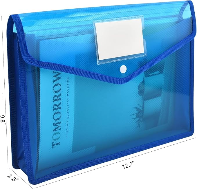Expanding File Folder Document Organizer with Snap Button, Waterproof Transparent Document Bag, 2.8" Expansion, Letter A4 Expandable File Folder for Home School Office Organization，5 Pack