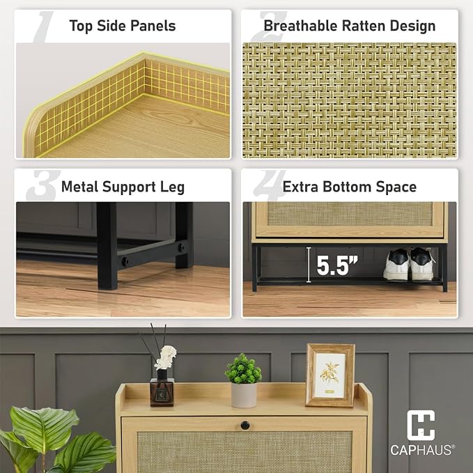 CAPHAUS Shoe Storage Cabinet w/Rattan Flip Drawers, Slim Thin Freestanding Entryway Shoes Organizer w/Adjustable & Removable Shelves, Modern Narrow Shoe Rack w/Metal Legs, Natural Oak