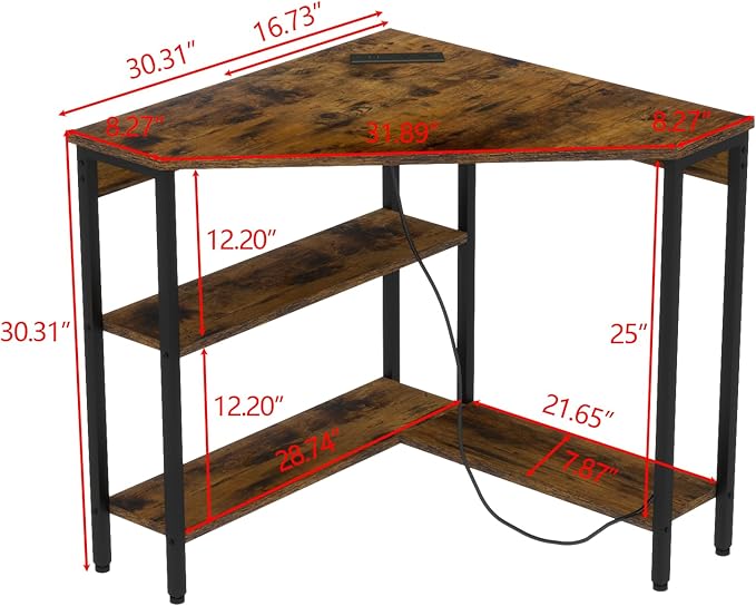 Corner Desk with Outlets & USB Ports, 90 Degree Triangle Corner Table with CPU Stand & Storage Shelves for Small Space, Computer Table with Charging Station for Home Office Bedroom (Rustic)-NeatNest