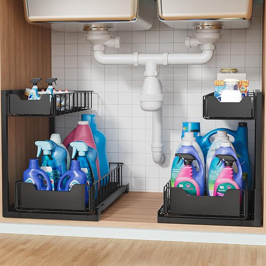 2 Pack Metal Under Sink Organizer, Pull Out Cabinet Organizer Rack with Silk-Smooth Bottom Drawer, Easy to Install, Multi-Purpose Storage Shelf for Bathroom, Kitchen, Vanity, Pantry-NeatNest