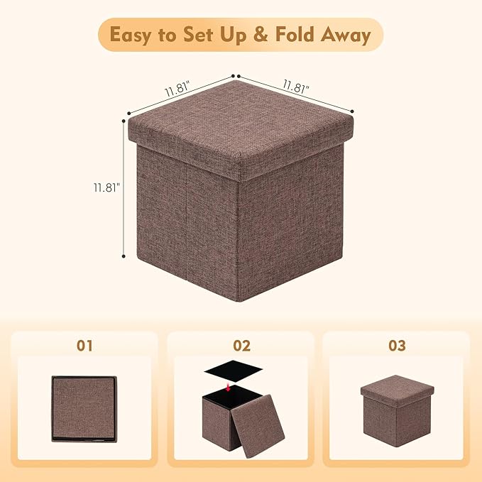 B FSOBEIIALEO Storage Ottoman Cube, Linen Small Foot Seat, for Living Room, Bedroom, Home Office, Dorm Storage Footrest Brown 11.8"x11.8"x11.8"