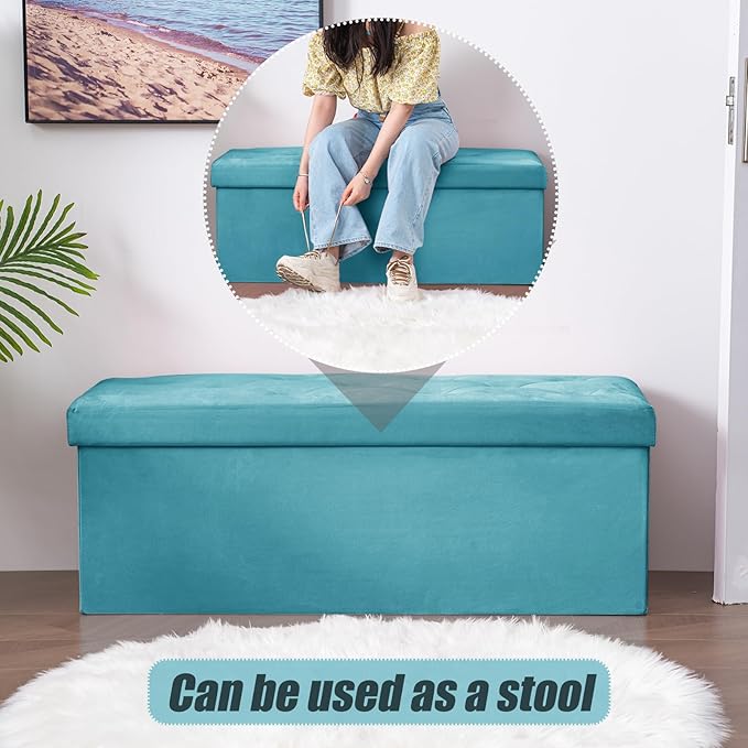 BRIAN & DANY 43 Inches Folding Storage Ottoman Bench, Velvet Ottoman with Storage for Living Room, Long Shoes Bench,Flannelette Footrest Benches Seat (Teal)-NeatNest