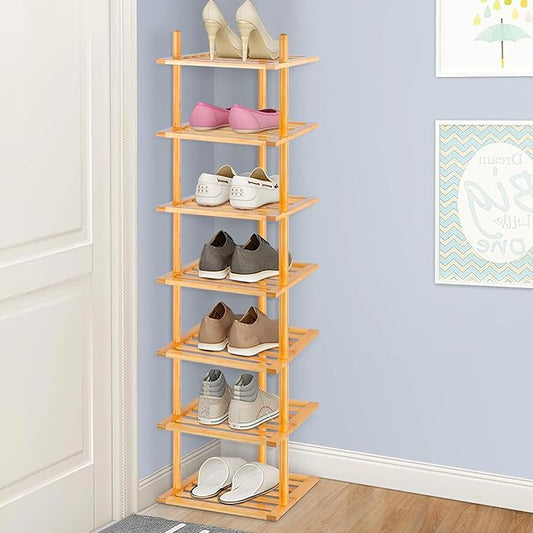 7-Tier Shoe Rack for Closet, Shoes Organizer Free Standing Shelf Entryway and Closet Hallway, Small Space Stackable Bamboo Multifunctional Racks Shoe Storage-NeatNest