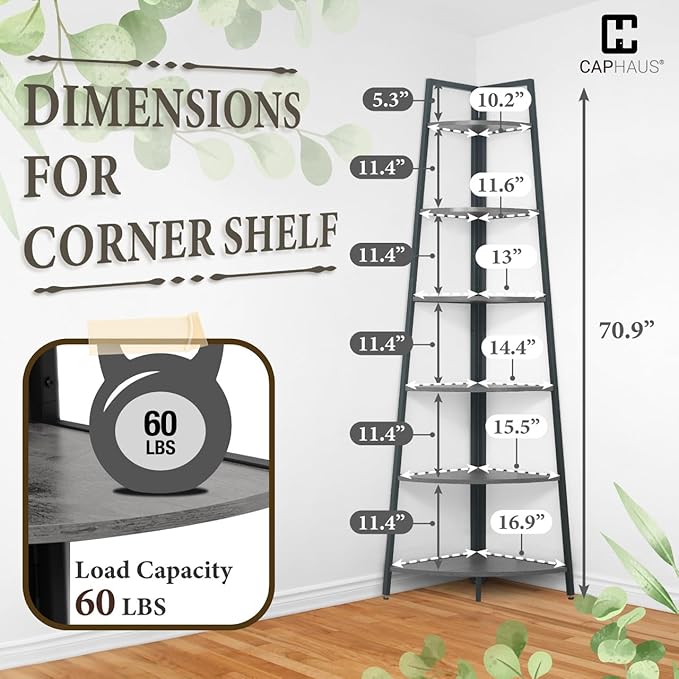 CAPHAUS Tall Corner Shelf Stand, 6-Tier Display Shelves, Ladder Corner Wood Storage Plant Bookshelf with Metal Frame, Versatile Shelving Unit Bookcase for Home Office Space, Dark Grey-NeatNest