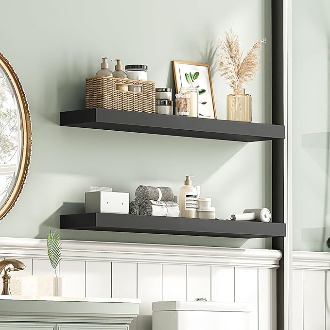 HOOBRO Floating Shelves for Wall, Wall Mounted Shelf Set of 2, 31.5" Hanging Shelf with Invisible Brackets, for Wall in Bathroom, Bedroom, Toilet, Kitchen, Living Room, Office, Black BK80BJP201-NeatNest