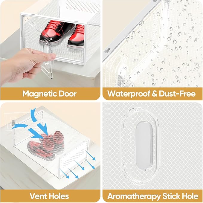 BALEINE 3 Pack Stackable Shoe Storage Boxes Fit Size 9, Thickened Clear Shoe Box Bins with Lids, Plastic Foldable Shoe Rack Organizer Sneaker Storage Containers (Large, White)-NeatNest