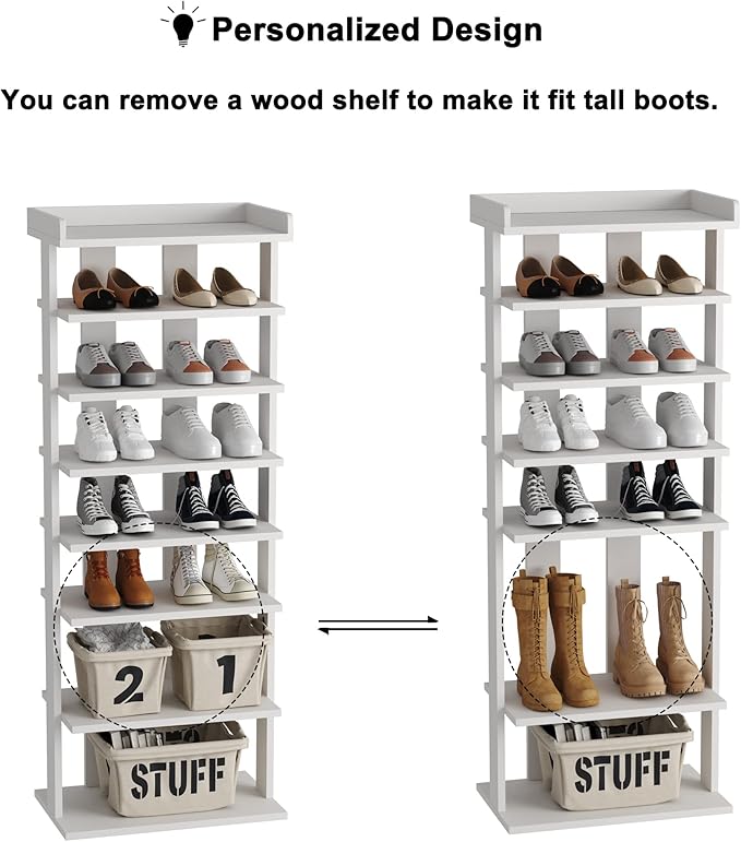 HOMEFORT 7-Tier Wood Shoe Rack, Double Rows 7-Tier Shoe Shelf, Shoe Storage Stand, Entryway Shoe Tower, Vertical Shoe Organizer Perfect for Narrow Closet, Entryway, Hallway, Bedroom in White-NeatNest