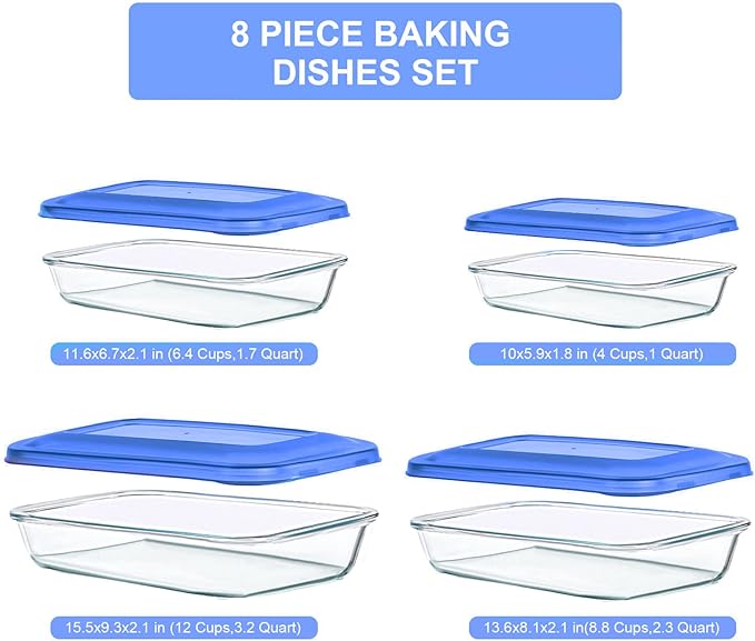 8 Pieces Glass Baking Dish with Lids Rectangular Glass Baking Pan Bakeware Set with BPA Free Lids, Baking Pans for Lasagna, Leftovers, Cooking, Kitchen, Fridge-to-Oven,Blue