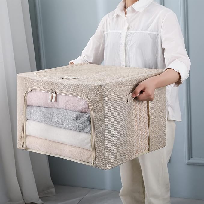 3Pack Foldable Storage Bins - Frame Storage Box Linen Fabric Stackable Clothes Container Organizer with Clear Window & Carry Handles Large Capacity (Large-66L, Beige)-NeatNest