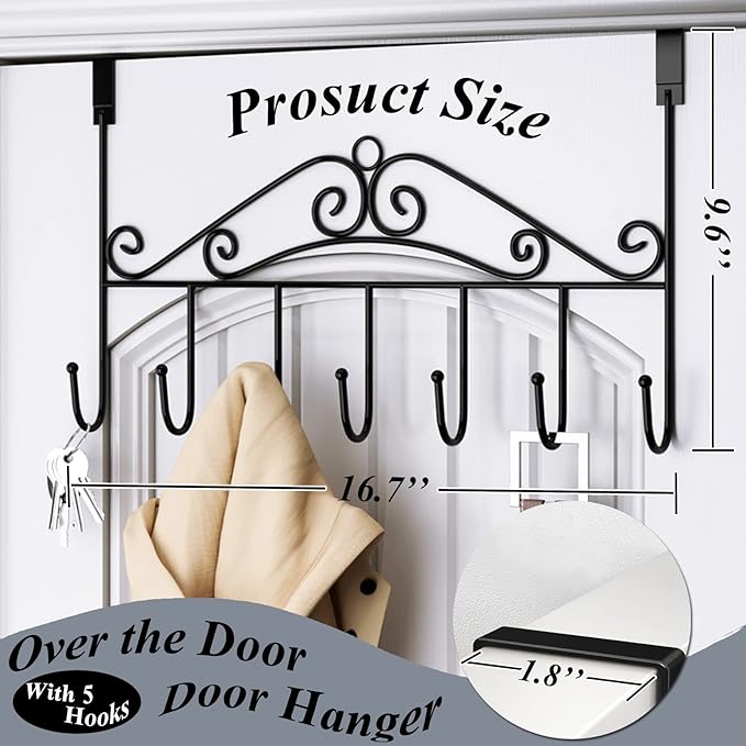 Over The Door Hook - Towel Rack & Coat Rack Hanger, Behind Bathroom Door, 2 Pieces 7 Hooks (Black)