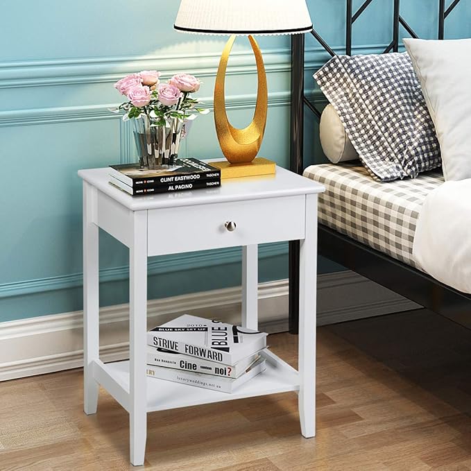 Giantex Nightstand Wooden 2-Tier Couch Sofa Side Table with Drawer, Storage Shelf, Solid Wood Legs,Mufti-Functional Home Furniture for Living Room Bedroom Study Room End Table (2, White)
