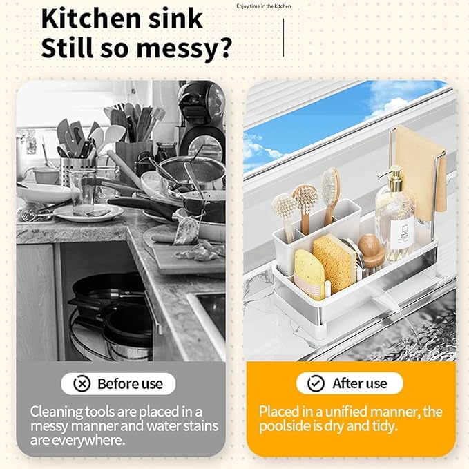 Sponge Holder for Kitchen Sink,Sink Caddy Organizer with Removable Brush Holder,Kitchen Countertop Soap Dispenser Storage with Detachable Towel Rack,White-NeatNest