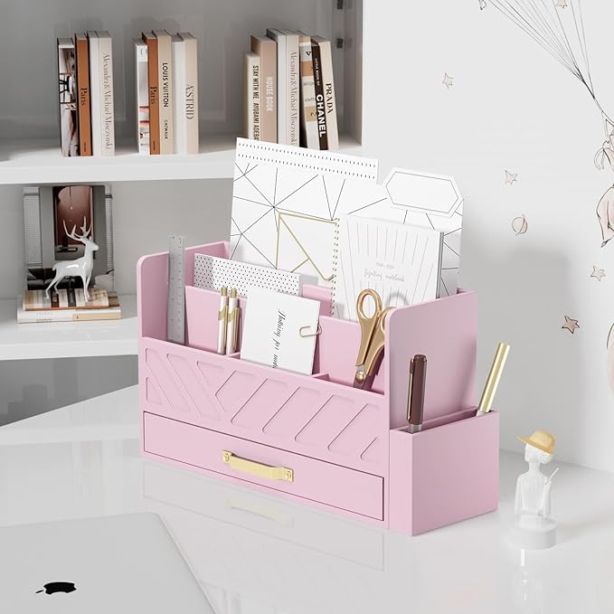 Bamboo Desk Organizer Mail Holder Countertop Wood Desk Drawer Tabletop Storage Box Pen Holder Letter Sorter Makeup Organizer for School Home Office Supplies with Pen Holder Pink-NeatNest