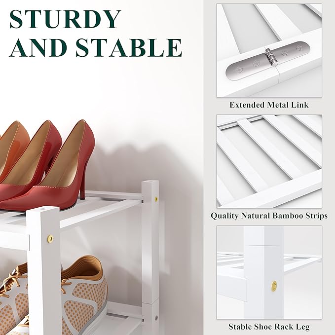 Smiry Shoe Rack, 2 Tier Bamboo Shoe Organizer, Stackable Free Standing Wooden Shoe Storage Shelf for Closet, Entryway, Front Door Entrance, White-NeatNest