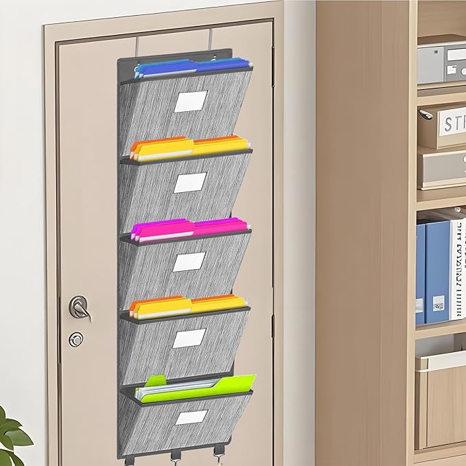 homyfort Over the Door File Organizer, Hanging File Folders, Wall Organizers and Storage for Mail, Magazine, Notebooks, Planners, Office, Classroom, 5 Extra Large Pockets, 50.39” Tall (Grey)-NeatNest
