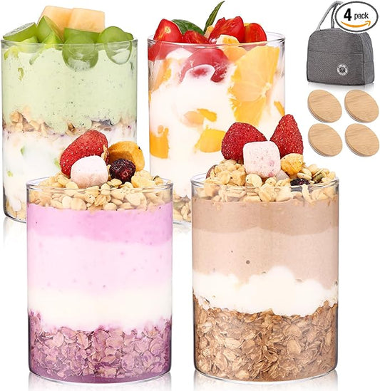 4 Pack Overnight Oats Containers with Bamboo Lids,16 Oz Glass Jars with Airtight Lids for Oats, Cereal, Yogurt, Chia Seed Pudding.Salad Jars Meal Prep