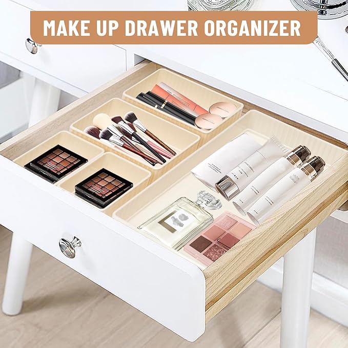 6 PCS White Drawer Organizer Set 3-Size,Versatile Desk and Vanity Drawer Organizer Trays, Storage Bins for Bedroom, Kitchen，Bathroom-NeatNest