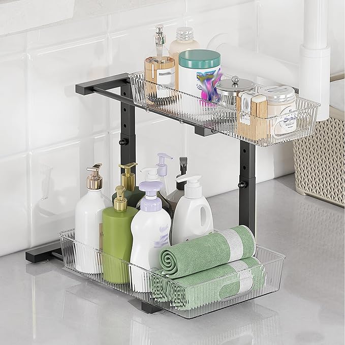 Under Sink Organizer, 2 Tier Pull Out Storage Organizer, Slide Out Storage Shelf for Bathroom & Kitchen, Under Cabinet Organizer and Storage with 5 Gears Height Adjustable (Black, 1 Pack)-NeatNest