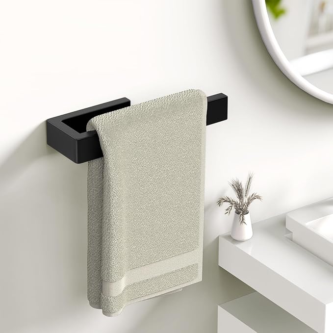 HUFEEOH Hand Towel Holder, Stainless Steel Bathroom Towel Holder Towel Bar, Matte Black Dish Towel Hanger Wall Mount Kitchen Towel Rack Heavy Duty Hand Towel Racks for Bathroom