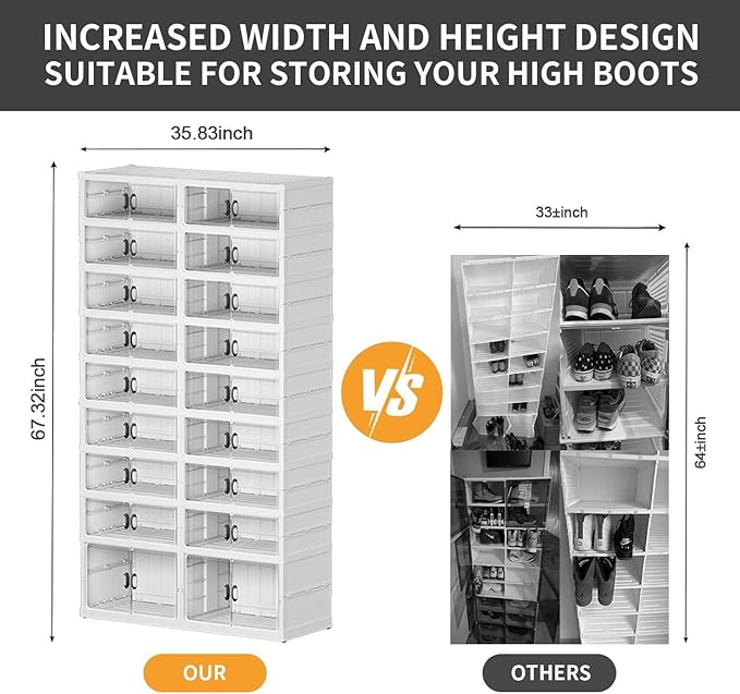 Shoe Rack Shoe Box Collapsible 9 Tiers 36 Pair Face Width 35.8" Storage Organizer, Large Containers Cabinet with Magnetic Clear Door and Wheels, Dustproof Sneaker&Boot Plastic Lid Tote, White-NeatNest
