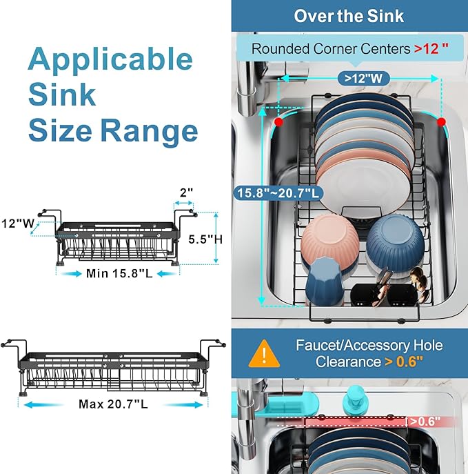 iSPECLE in Sink Dish Drying Rack - Capacity Expandable Over Sink Dish Rack with Mat (15.8"- 20.7"), Dish Drainer for Kitchen Counter with Utensil Holder Large Capacity, Black