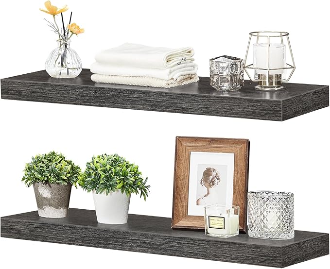 HOOBRO Floating Shelves for Wall, Wall Mounted Shelf Set of 2, 23.6" Hanging Shelf with Invisible Brackets, for Wall in Bathroom, Bedroom, Toilet, Kitchen, Living Room, Office, Charcoal Gray BC60BJ01-NeatNest