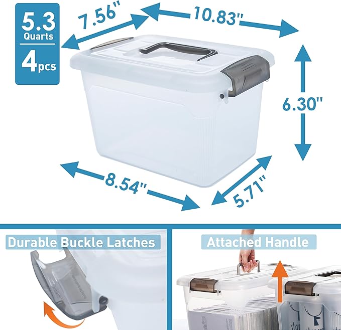 Citylife 4 Packs 6 QT Storage Bins with Lids Clear Plastic Bins with Grey Handle Stackable Storage Containers for Organizing-NeatNest