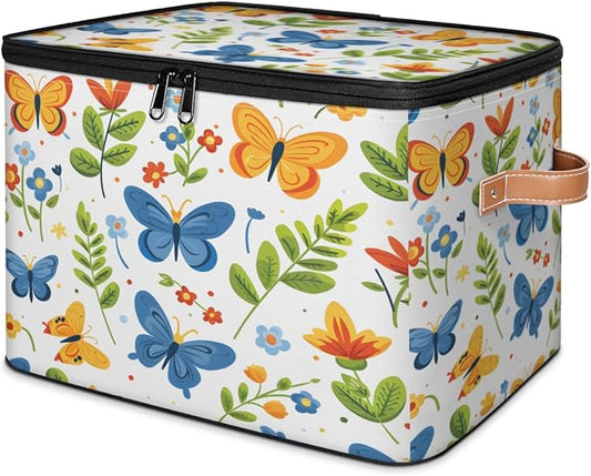 Boho Butterfly Storage Bins with Zipper Lid, Spring Plant Lidded Storage Baskets Boxes Foldable Organizer with Leather Handles for Clothes Closet Shelf Toys-NeatNest