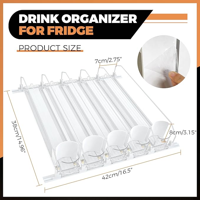 5 Rows Drink Organizer for Fridge, 15'' Soda Can Dispenser for Fridge with Pusher Glide, Width Adjustable Fridge Can Organization Hold Up to 25 Cans (White)