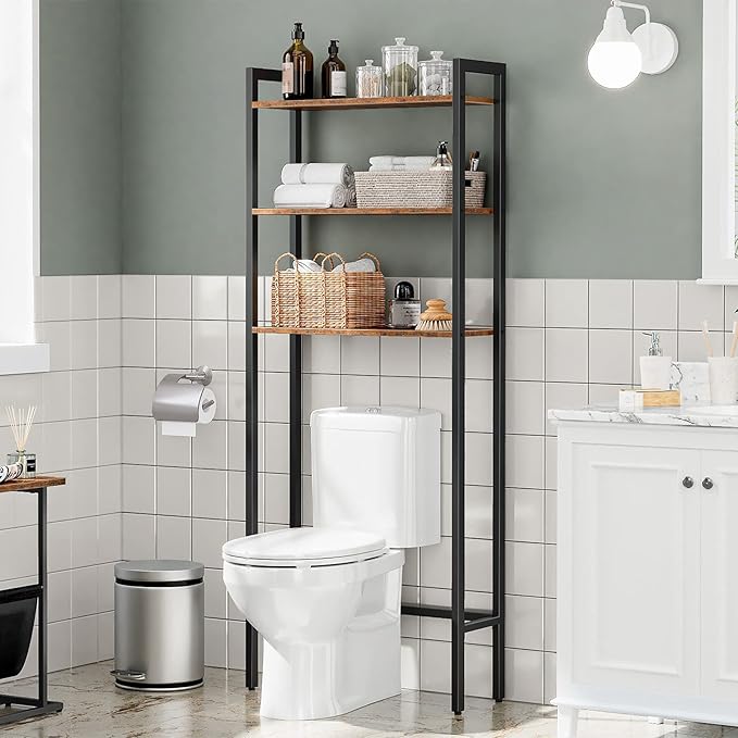 HOOBRO Over-The-Toilet Storage, 3-Tier Bathroom Organizer Over Toilet, Wooden Bathroom Shelves, Space Saver, Freestanding Storage Shelf, Easy to Assemble, Rustic Brown and Black BF41TS01