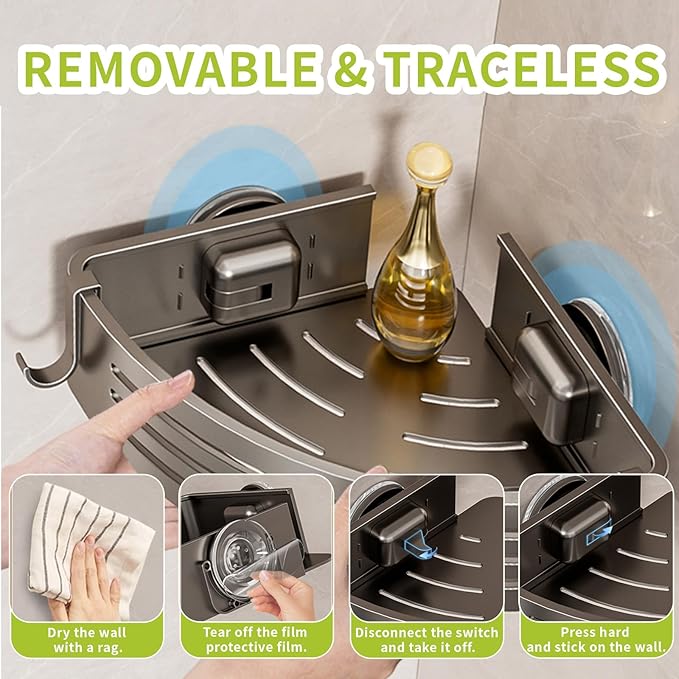Shower Caddy Suction Cup, No Drilling Rustproof Bathroom Shower Shelf,Corner Shower Shelves with 6 Portable Hooks, Removable Bath Organizer with Towel Bar for Bathroom Hanging Storage(Gray)