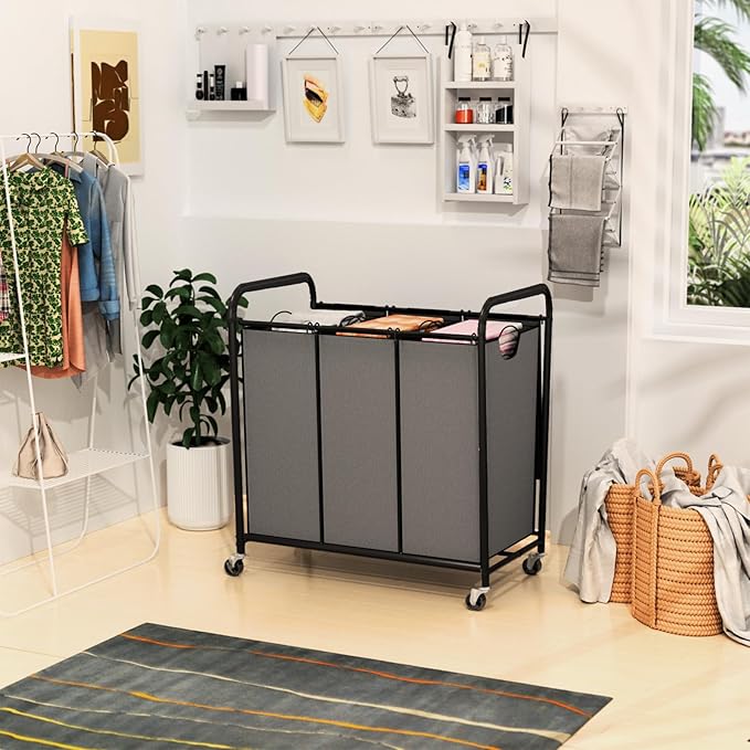 180L (47.55 Gal) Laundry Sorter 3 Section, Rolling Laundry Basket with Lockable Wheels and Lid, Laundry Hamper with 3 Separated Removable Bags Dirty Clothes Hamper for Laundry Room Organizer, Grey-NeatNest