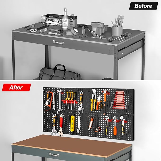 4Pcs Metal Pegboard Panels for Wall，Peg Boards for Garage Tools Pegboard Storage Organizer for Workbench, Shop，Bathroom，Office and Gaming Setup With Customizable Hanging Solutions (Black, 24" x 12")
