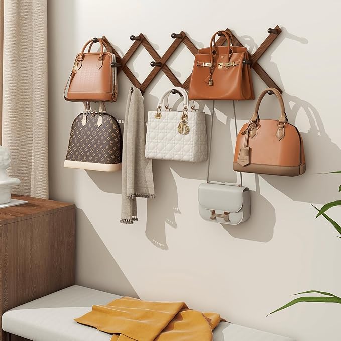Homode Accordion Wall Hanger, Hat Rack for Wall, Wood Expandable Coat Rack, Vintage Accordian Peg Hooks Purse Organizer for Hanging Baseball Caps, Coffee Mug, Hats, Clothes, Backpack, Towel-NeatNest