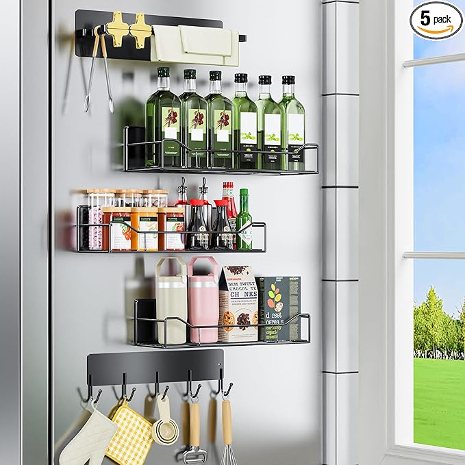 5 Pack Magnetic Shelves for Refrigerator, Magnetic Spice Rack with Tool Hooks, Versatile Metal Storage Baskets for Kitchen, Oven, Washing Machine(Black)