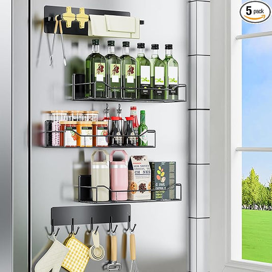 5 Pack Magnetic Shelves for Refrigerator, Magnetic Spice Rack with Tool Hooks, Versatile Metal Storage Baskets for Kitchen, Oven, Washing Machine(Black)