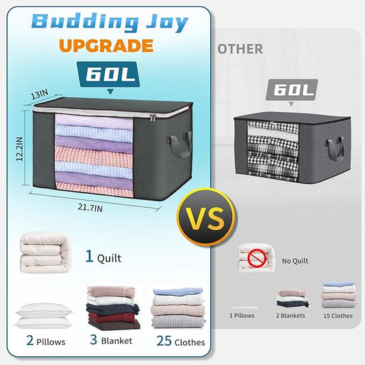 Budding Joy Clothes Storage, Foldable Large Blanket Storage Bags with Zippers, Storage and Organization for Clothing, Comforter, Bedding, Toys, Closet Organizers with Enhanced Handle, 60L 6 Pack Gray-NeatNest