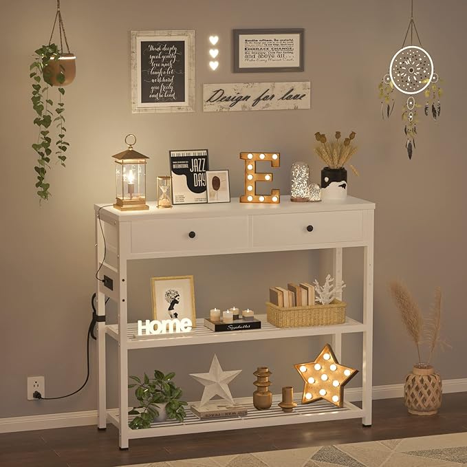 Ecoprsio Entryway Table with Outlets and USB Ports, Console Table with 2 Drawers, Small Sofa Table with Storage Shelves for Living Room, Couch, Hallway, Foyer, Kitchen Counter, 32'', White-NeatNest