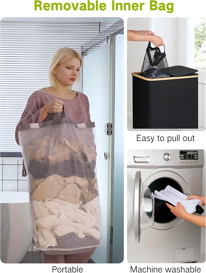 efluky Double Laundry Hamper with Wheels, Divided Laundry Hamper with Removable Bags, 2 Section Dirty Clothes Basket with Handles for Bathroom, Bedroom & Laundry Room, 160L Dark Black-NeatNest